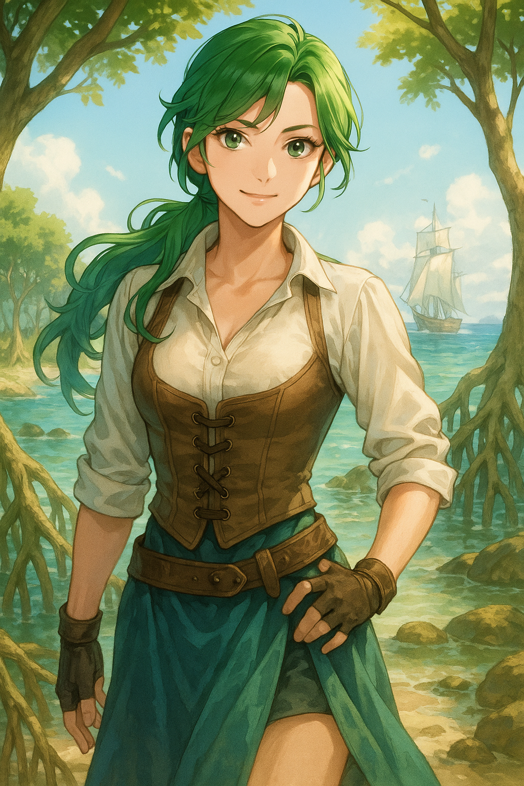 Coastal Adventurer with Green Hair